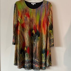 Serengeti‎ - L, Multicolor Feather Pattern Tunic Blouse